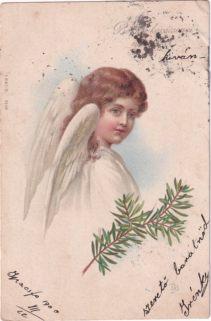 [038] Karácsonyi képeslap angyallal  és fenyőfaággal , Ipacsfa