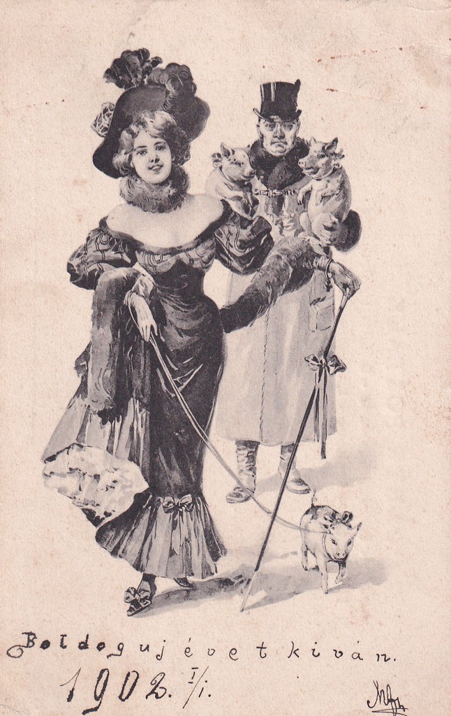 [122] Újévi képeslap: hölgy és úr három kismalaccal 