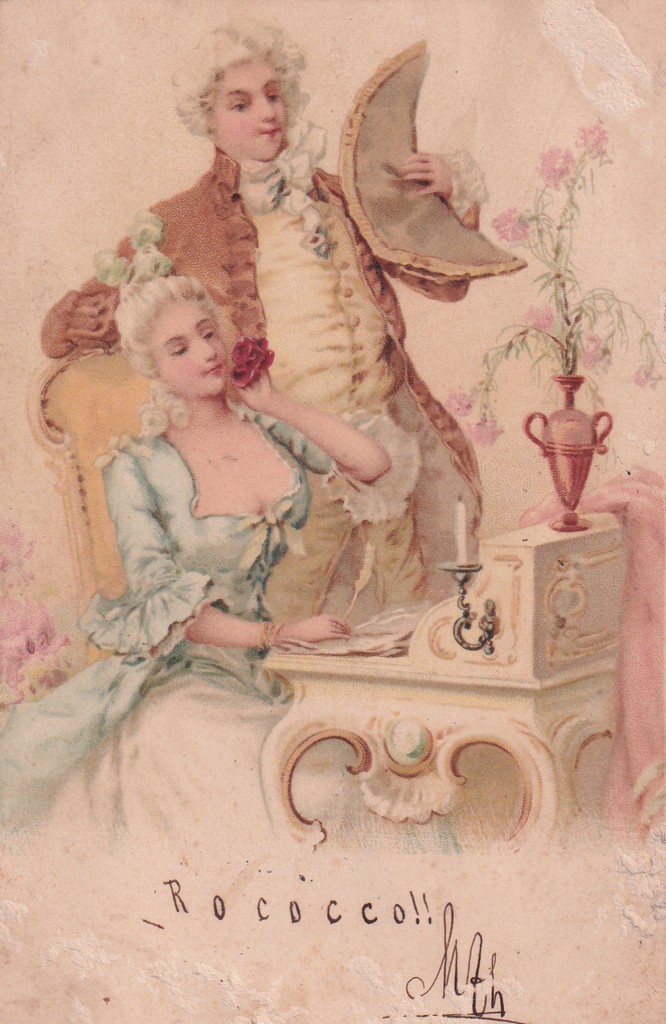[123] Romantikus kép, fiatal pár rokokó/barokk öltözékben íróasztal előtt 