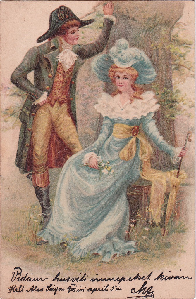 [124] Fa mellett ülő fiatal nő kalapban, esernyőre támaszkodva egyik kezével, ölében virágok; mellette fiatal férfi napóleon-kalapban , Alsóág