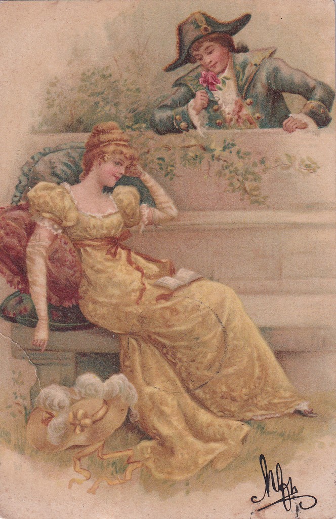 [134] Kőpadon ülő, sárga ruhát viselő fiatal hölgy, kőpad mögött fiatal férfi rózsával 