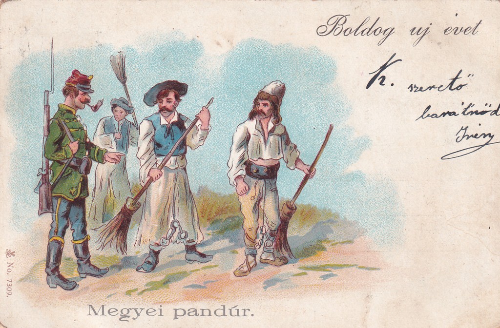 [144] Megyei pandúr, munkára utasít palóc népviseletet hordó rabokat , Harkány