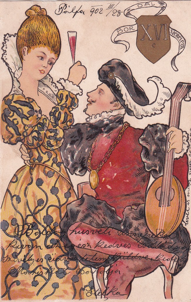 [172] 17. századi kosztümös pár, férfi mandolinnal a kezében, nő legyezővel , Pálfa