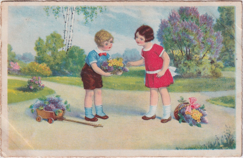 [390] Kisfiú és kislány tavaszi virágokkal  