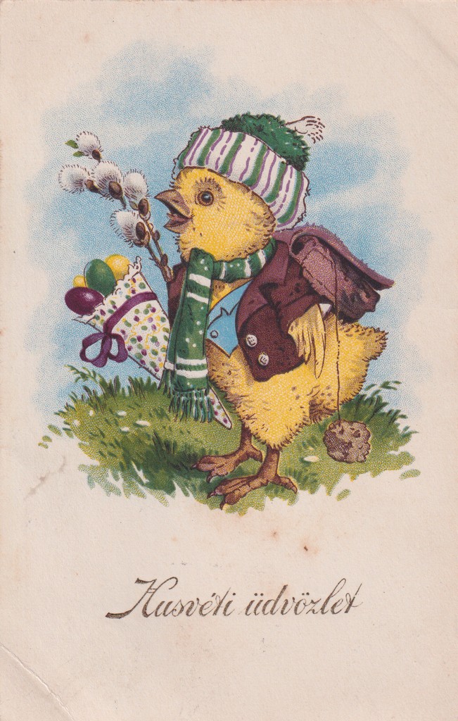 [413] Húsvéti kiscsibe ruhában, barkával és színes tojásokkal, Pusztapótharaszt 