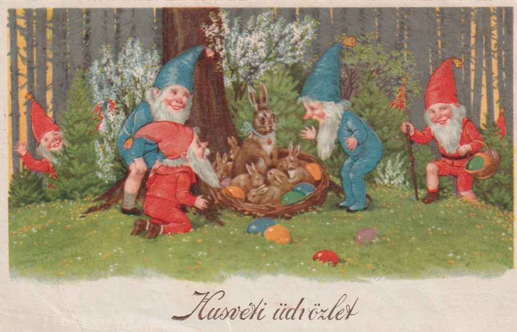 [421] Húsvéti nyulas-tojásos kosárt találnak a törpék az erdőben. , Kispest 