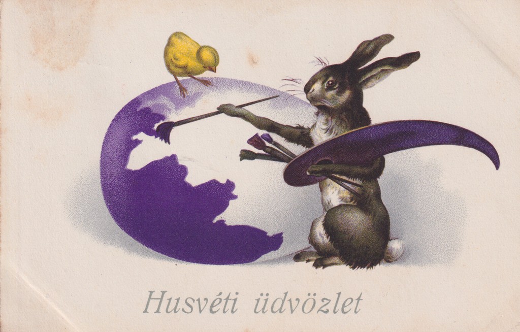 [422] Húsvéti képeslap. nyuszi tojást fest, s közben csibe figyeli , Cegléd 