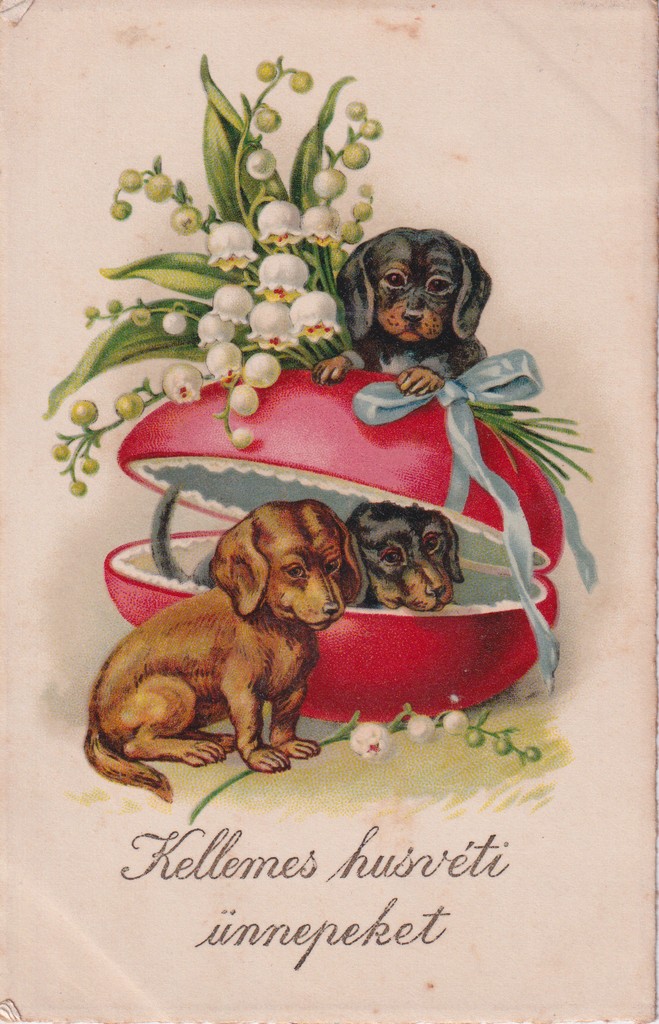 [423] Húsvéti tojás körül kiskutyák és gyöngyvirág , Budapest 