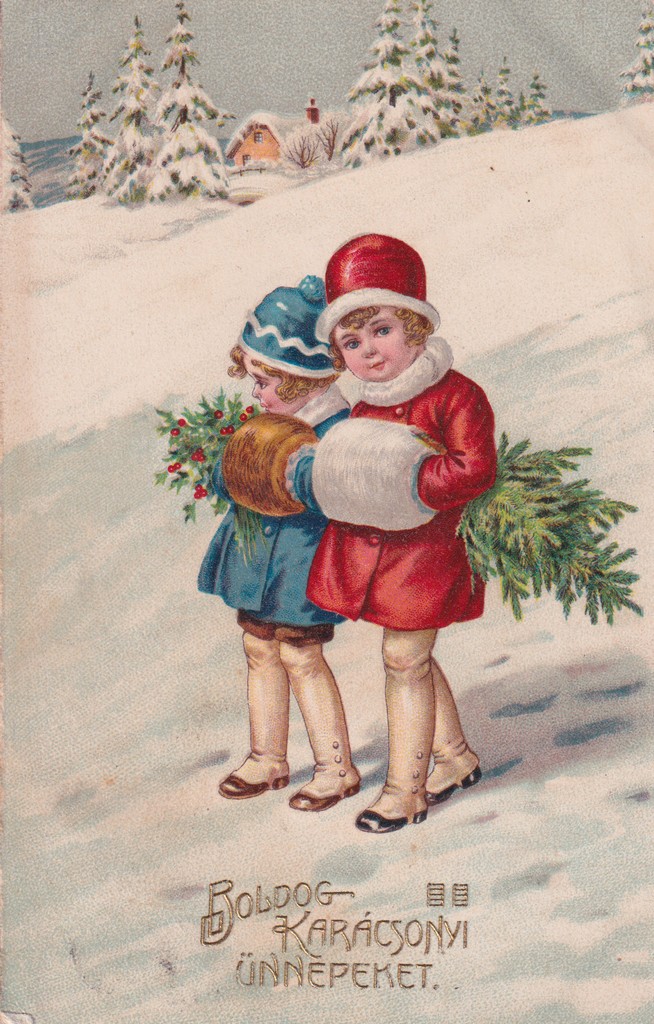 [431] Karácsonyi téli tájkép két gyermekkel , Monor 
