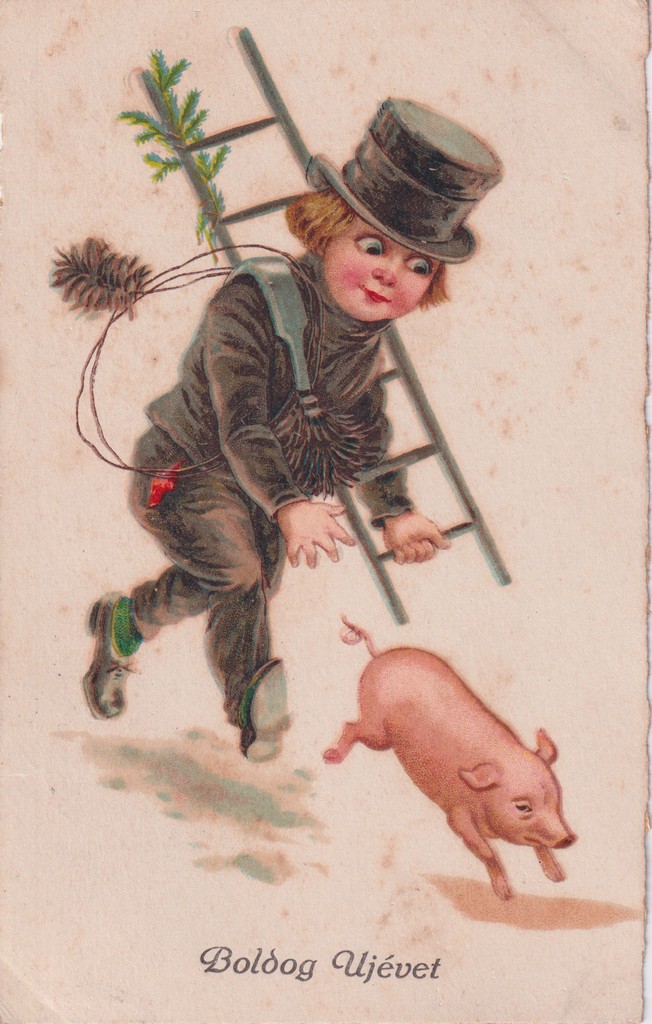 [435] Újévi képeslap: kéményseprő malacot kerget. , Kecskemét 