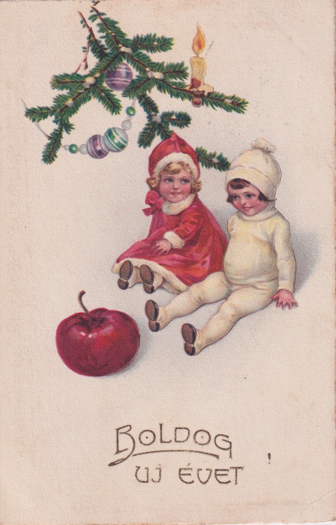 [443] Karácsonyfaág, alatta gyermekek almával  