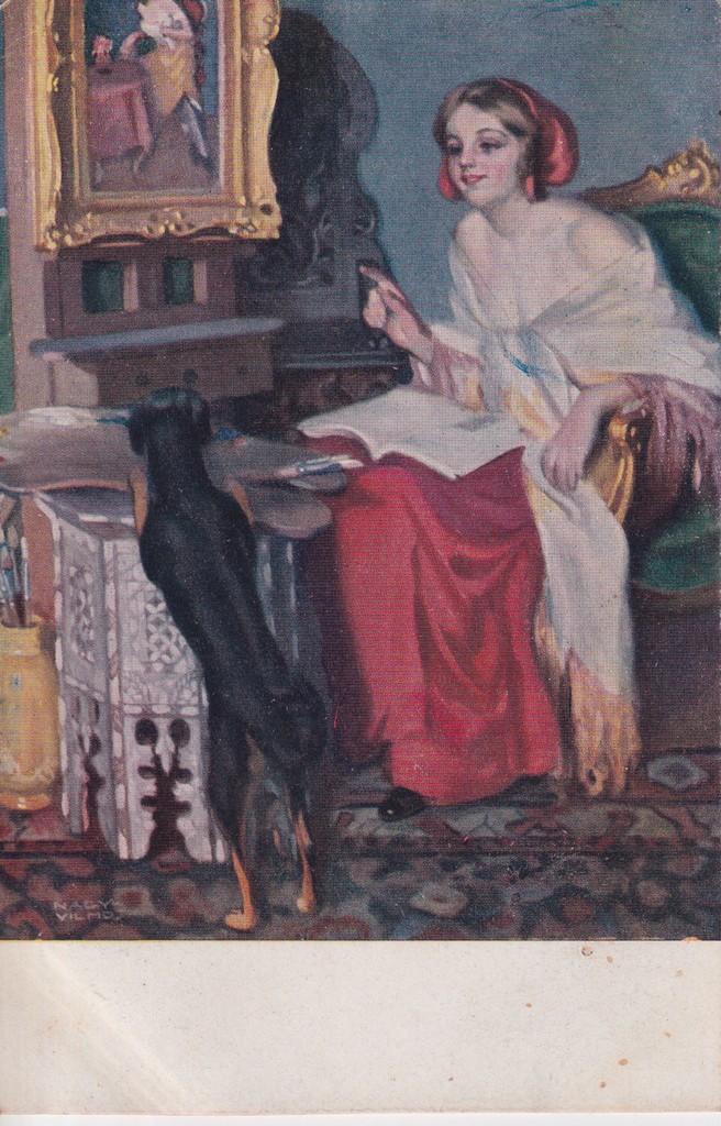 [451] Lány kutyával.  Háttérben portré, előtérben kis asztalkán álló tacskó. A lány ölében nyitott könyv. , Őcsény 